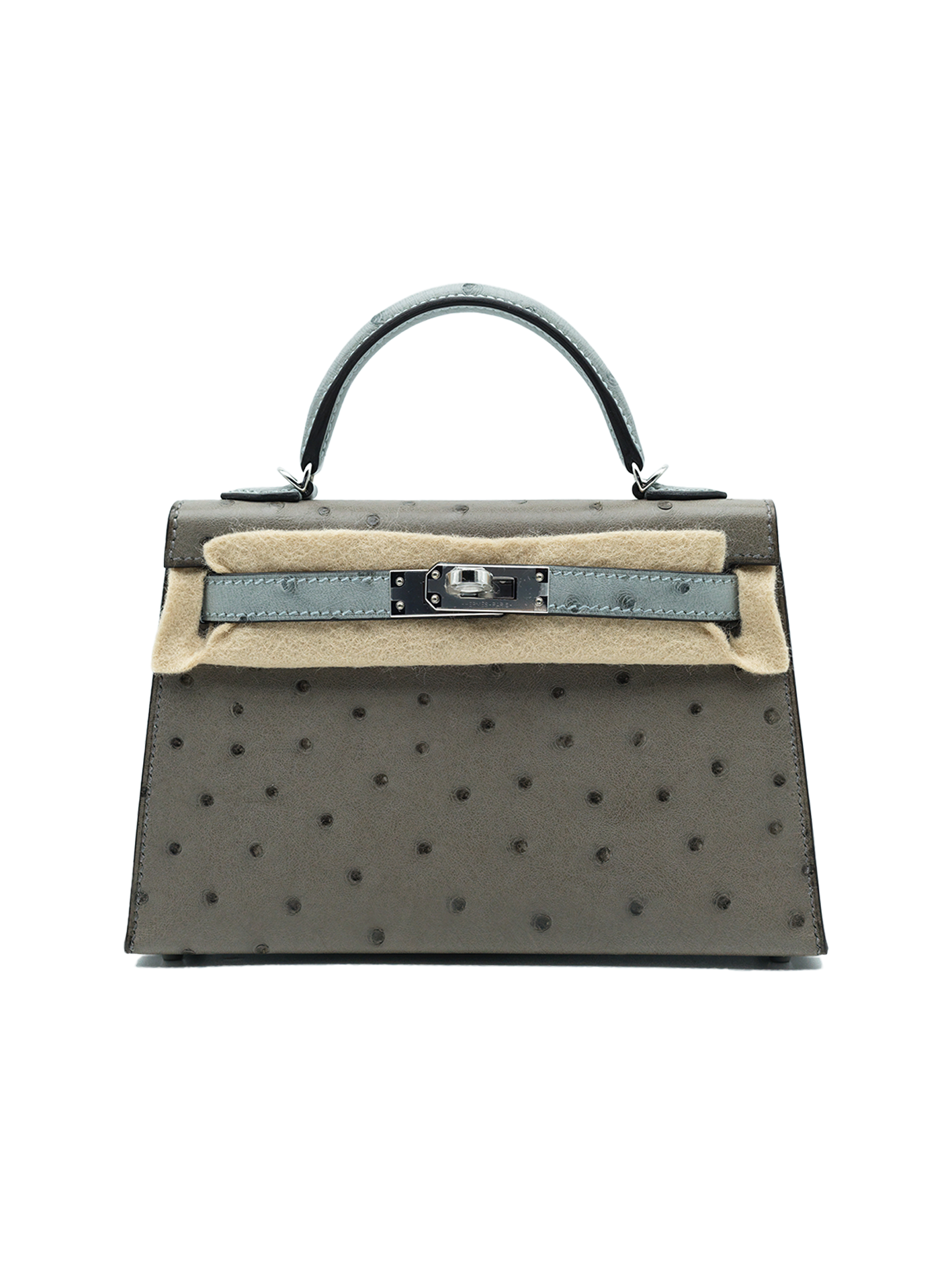 NEW HERMÈS MINI KELLY II OSTRICH BLUE GLACIAL/ GRIS TOURTERELLE PHW