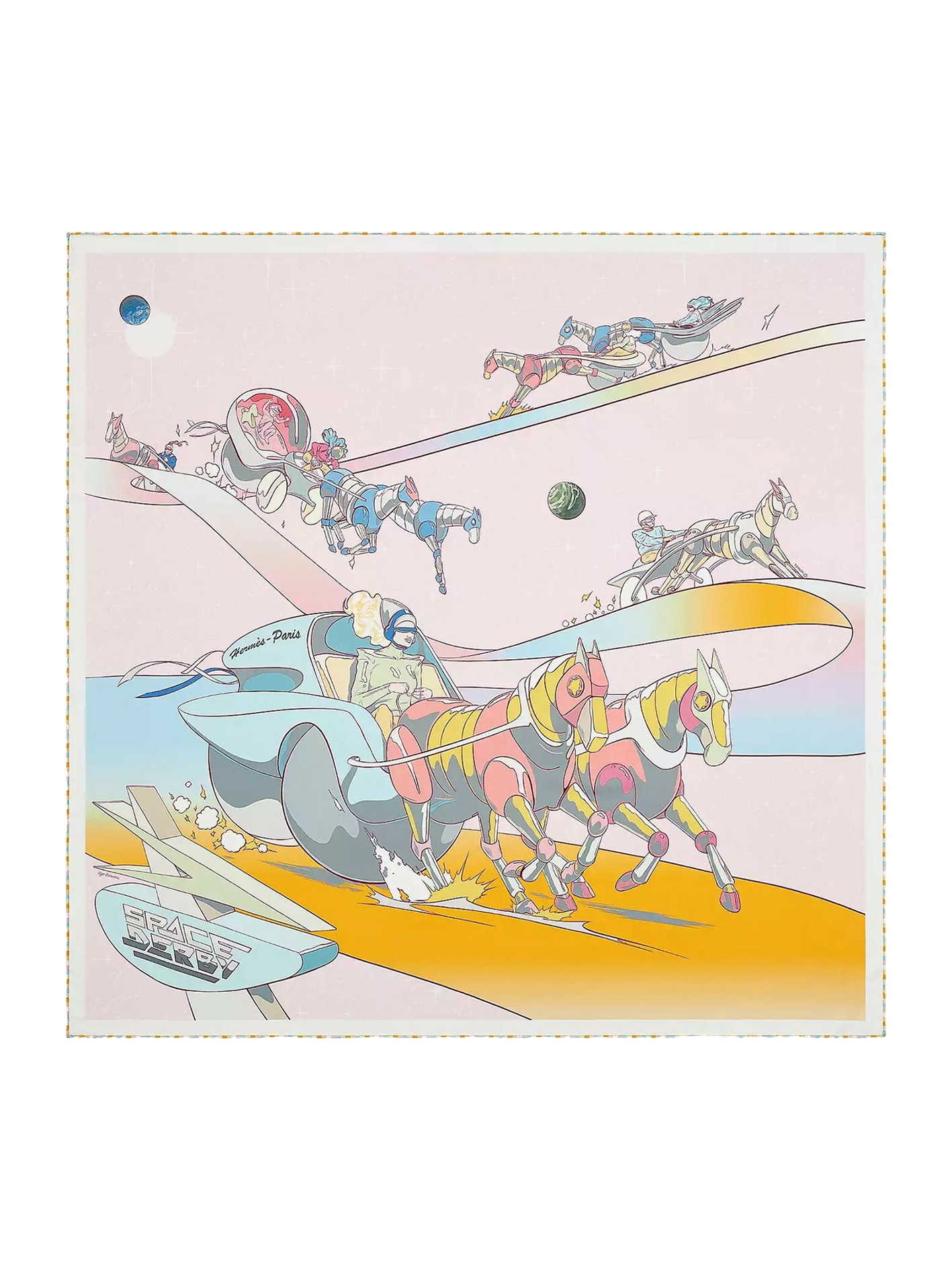 NEW HERMÈS CARRE SCARF SPACE DERBY 90 CM ROSE PALE, CIEL, JAUNE