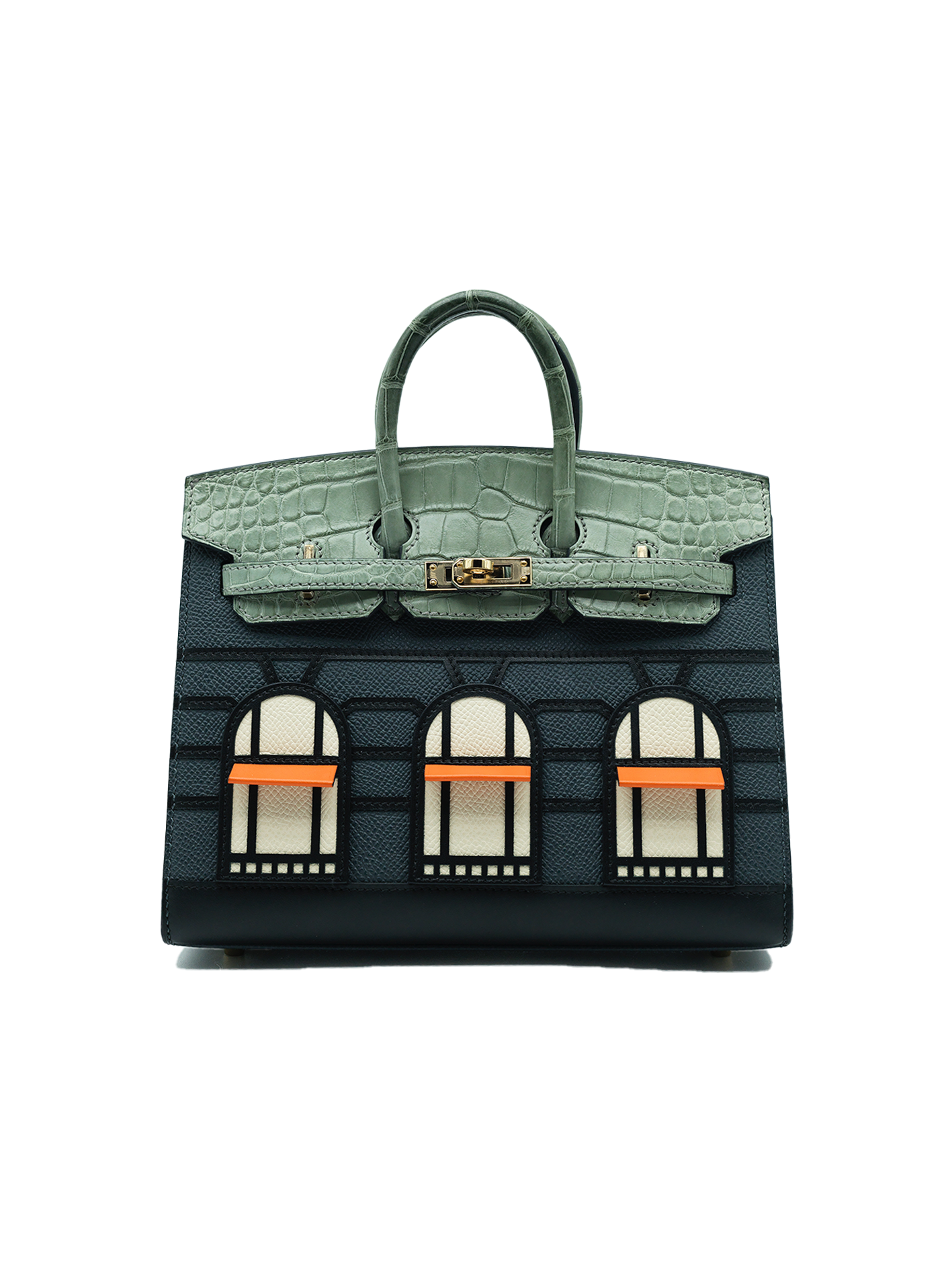 NEW HERMÈS FAUBOURG BIRKIN 20 GRIS CIMENT MATTE ALLIGATOR/ GRIS MISTY CRAIE EPSOM/ ORANGE H BLACK SWIFT PBHW