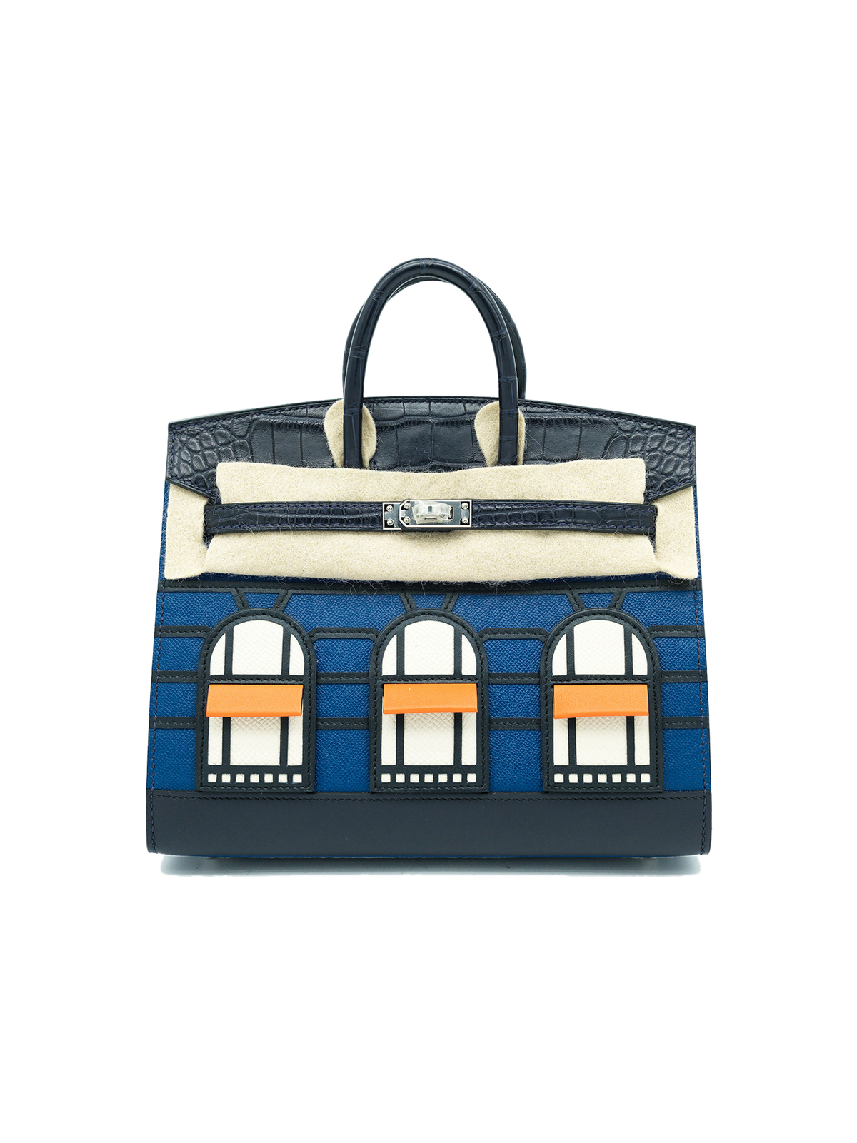 NEW HERMÈS FAUBOURG BIRKIN 20 BLUE MARINE MATTE ALLIGATOR/ DEEP BLUE CRAIE EPSOM/ ORANGE H SWIFT PHW