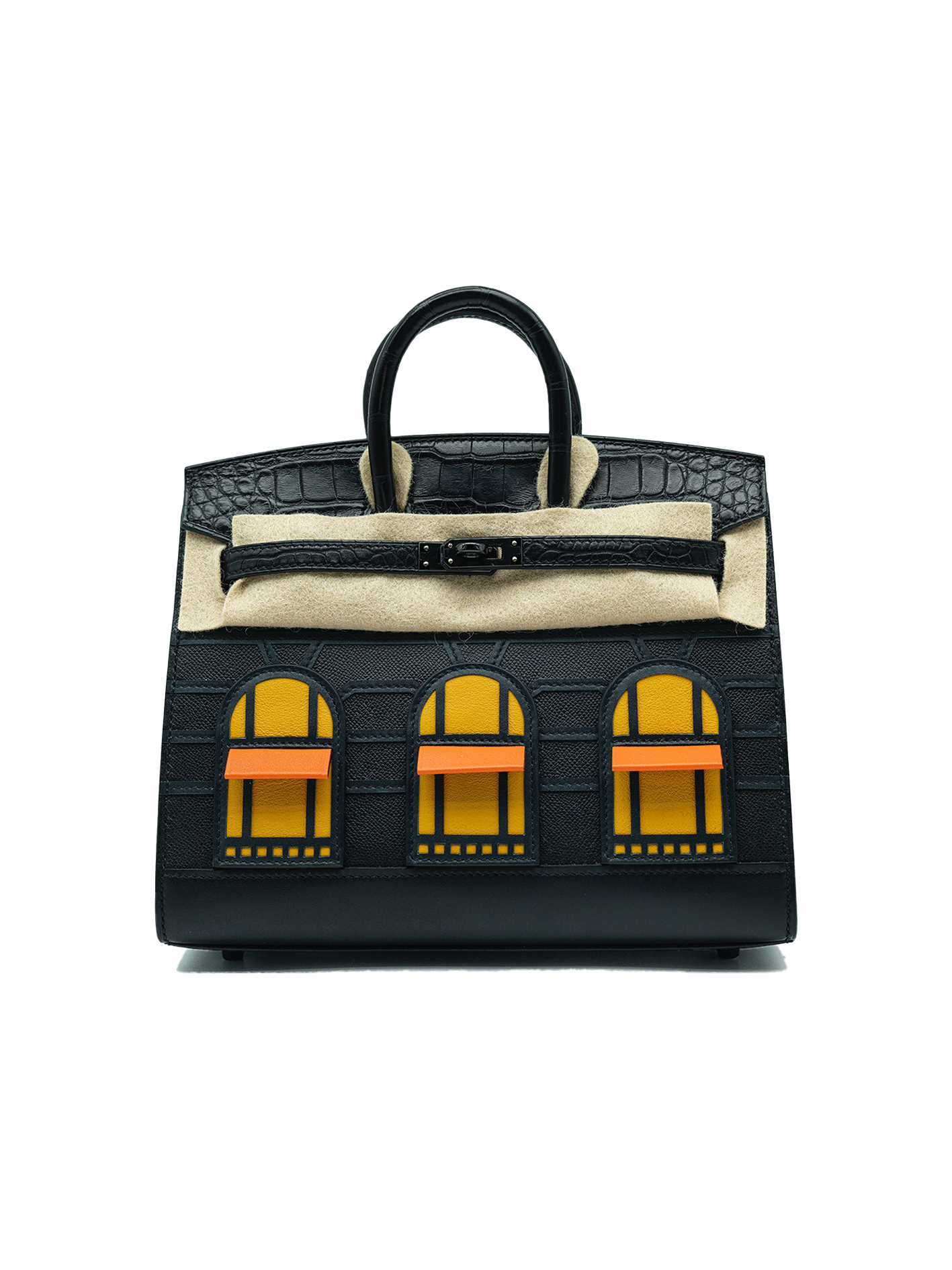 NEW HERMÈS FAUBOURG BIRKIN 20 BLACK MADAM MATTE ALLIGATOR/ JAUNE AMBRE ORANGE H MYSORE BLACK SWIFT BPHW