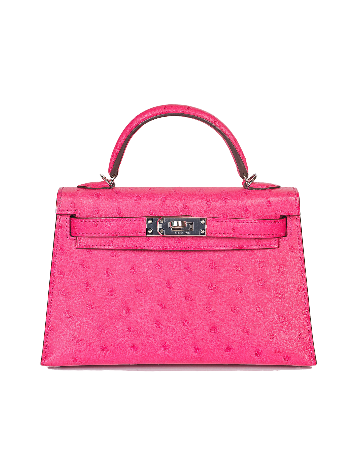 USED HERMES MINI KELLY II OSTRICH ROSE TYRIEN PHW