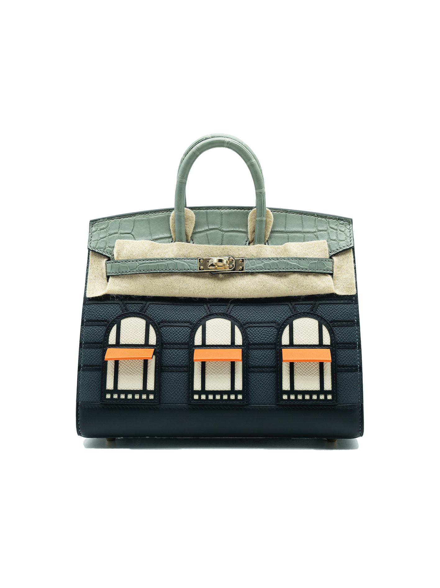NEW HERMÈS FAUBOURG BIRKIN 20 GRIS CIMENT MATTE ALLIGATOR/ GRIS MISTY CRAIE EPSOM/ ORANGE H BLACK SWIFT PBHW